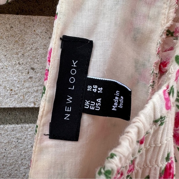 New Look Pink Floral Shirred Puff Sleeve Tie-Back Cotton Smock Mini Dress 14 - Picture 6 of 15